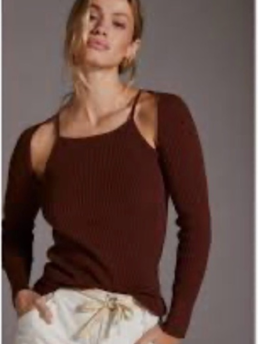 Anthropologie Ribbed Cutout Sweater Top rust brown Women's Size Small